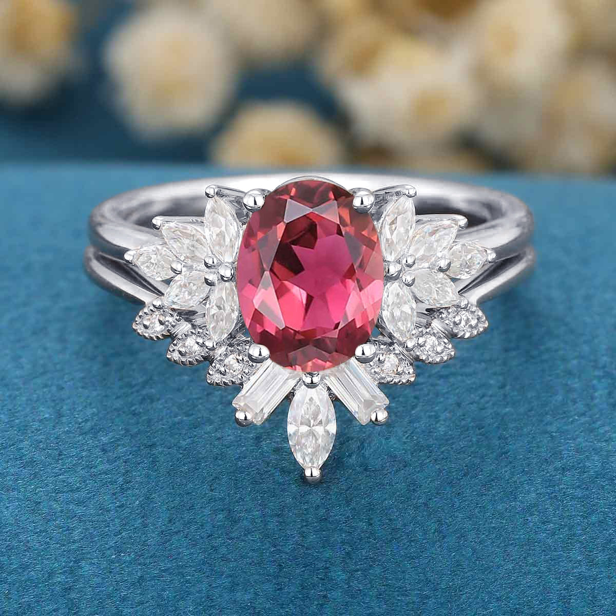 Oval cut Tourmaline Cluster Engagement ring Bridal Set