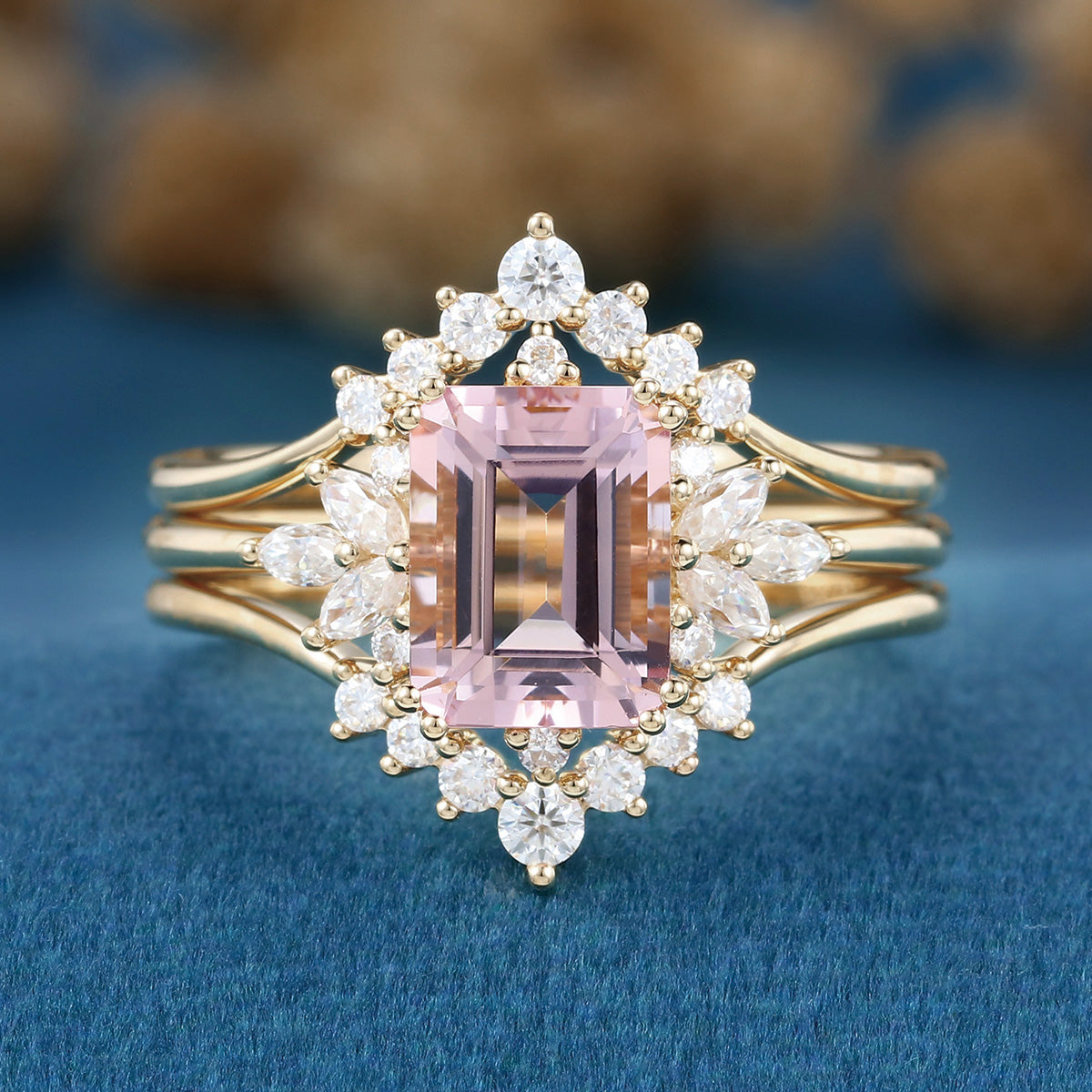 Emerald cut Morganite Cluster Engagement Bridal Set