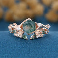 Nature Inspired Hexagon Cut Moss Agate Engagement Ring set