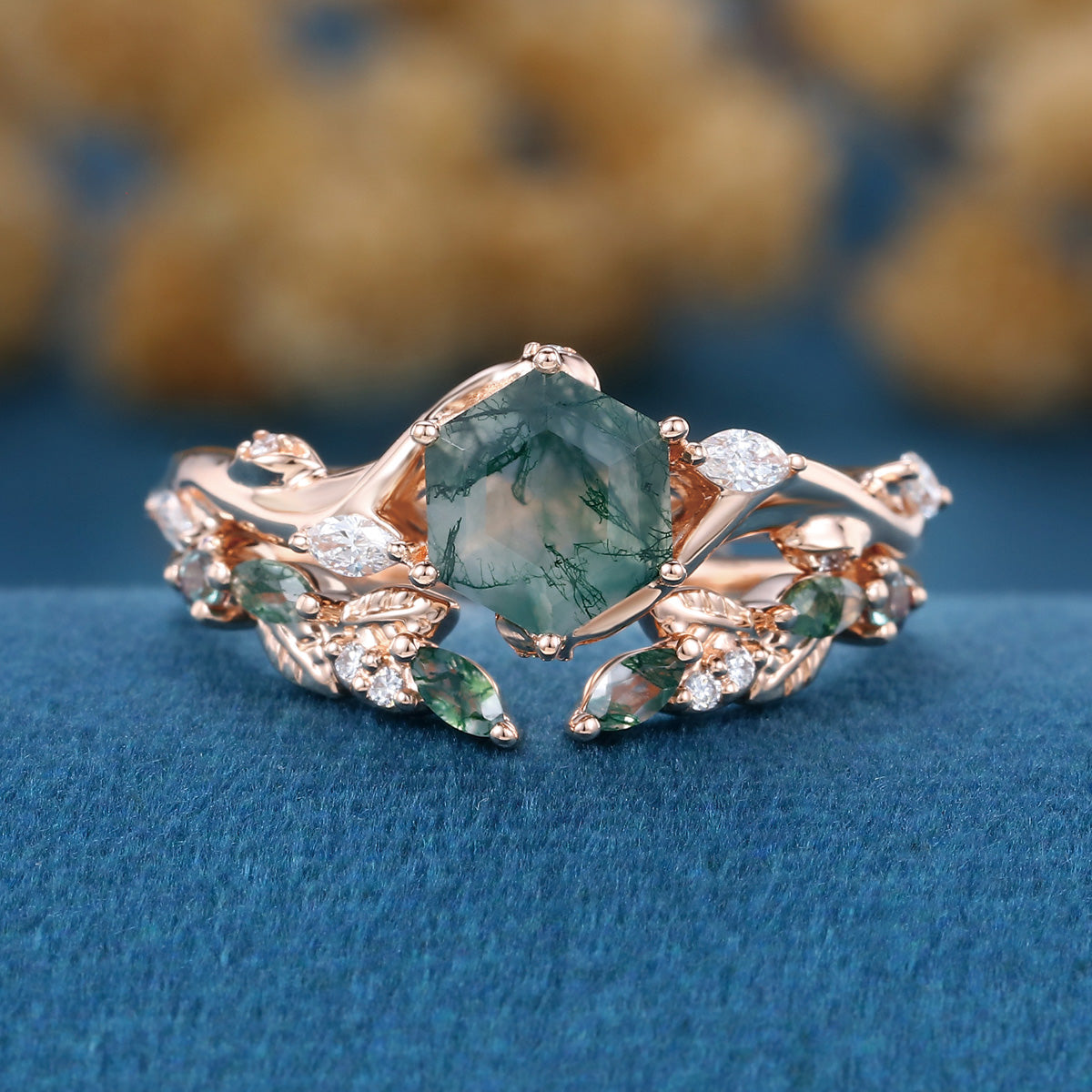 Nature Inspired Hexagon Cut Moss Agate Engagement Ring set