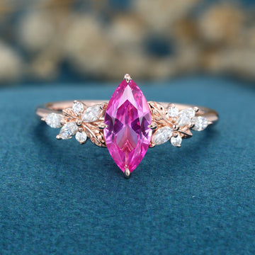 Marquise cut Lab Grown Pink Sapphire Solid Gold Engagement Ring