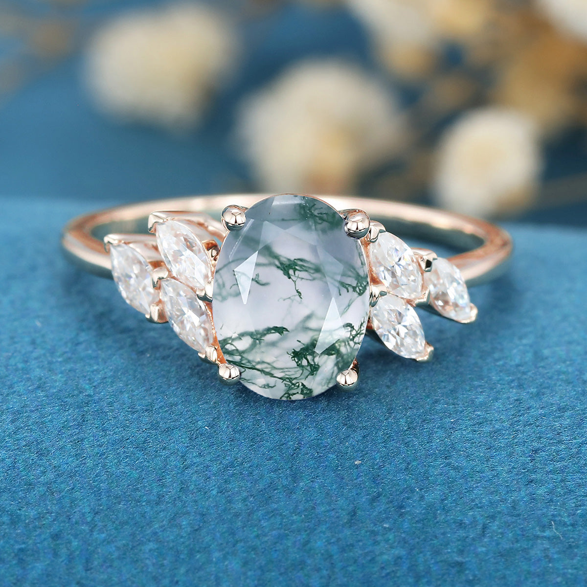 Oval Cut Natural Green Moss Agate Cluster Engagement Ring
