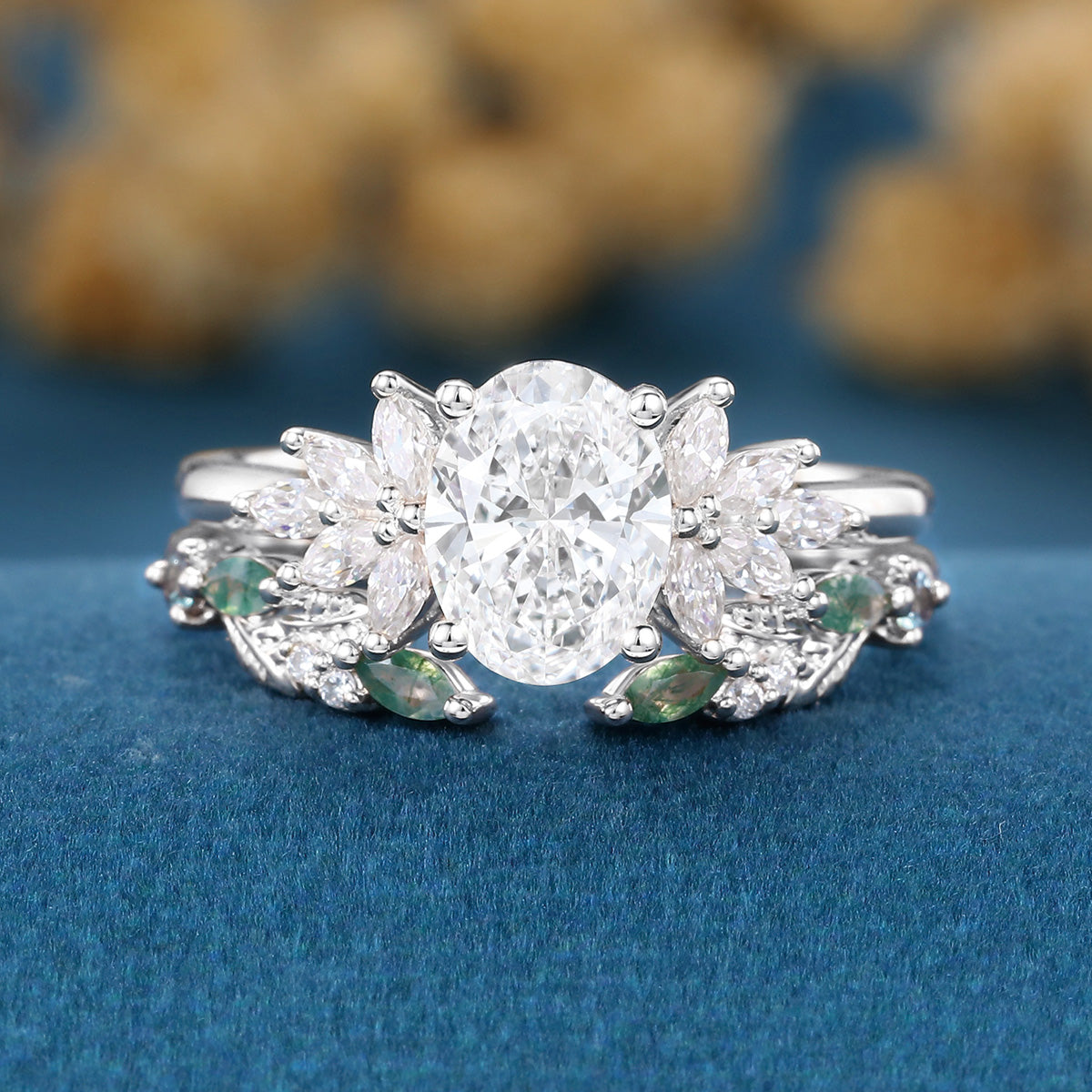 Oval cut Lab-Grown Diamond Engagement ring +Moss agate Wedding Bridal set