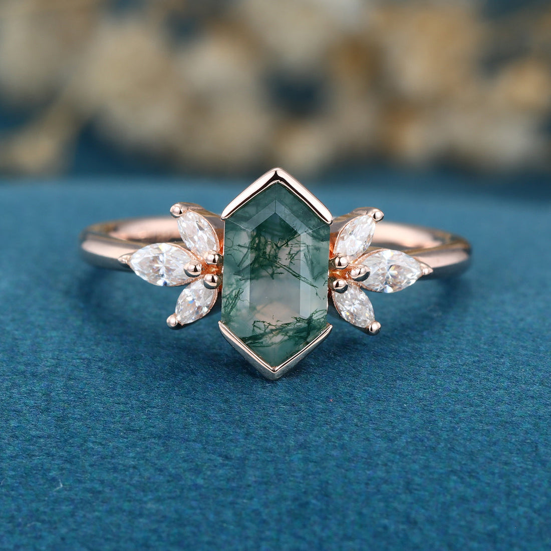 Bezel setting Hexagon cut Moss agate Solid Gold Engagement Ring
