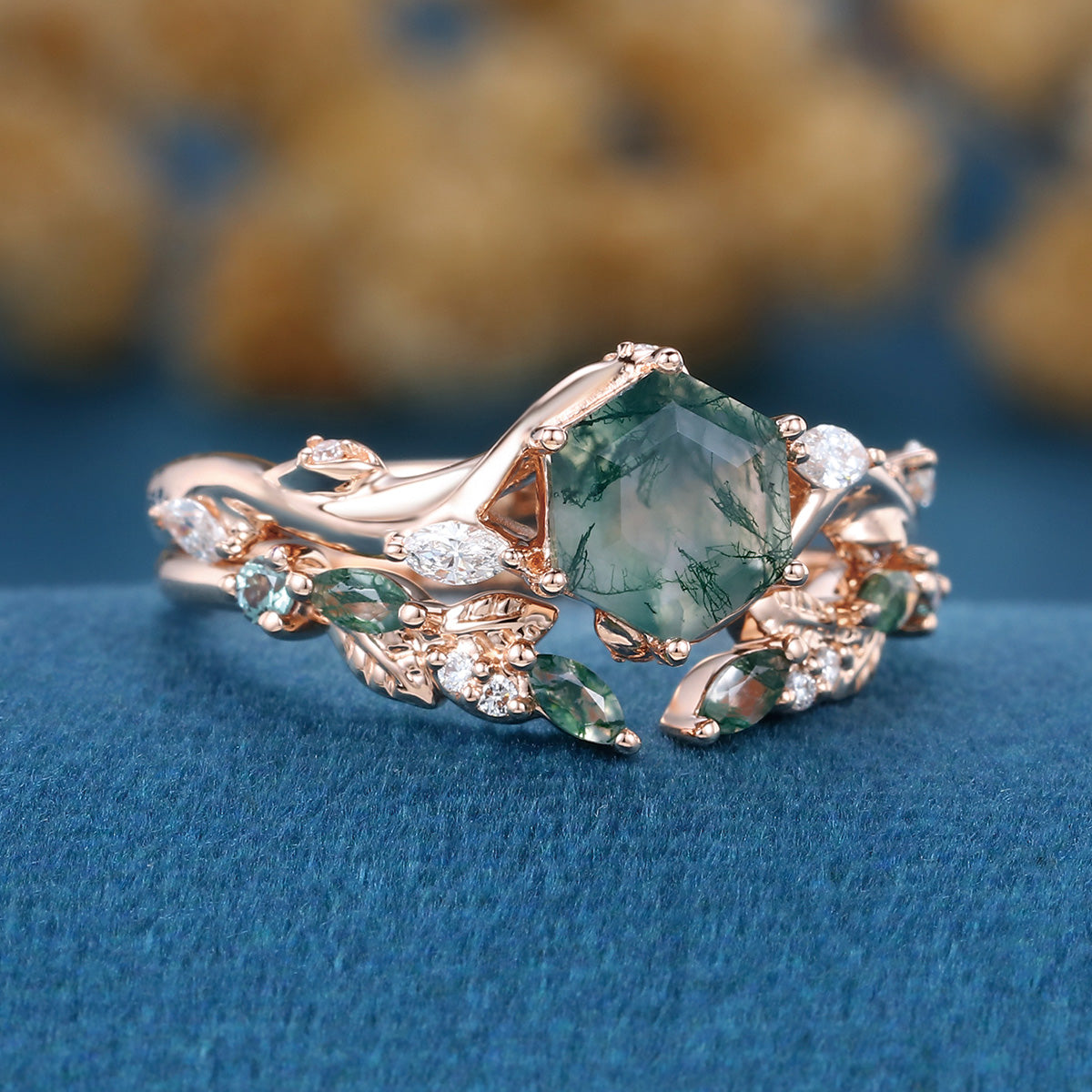 Nature Inspired Hexagon Cut Moss Agate Engagement Ring set