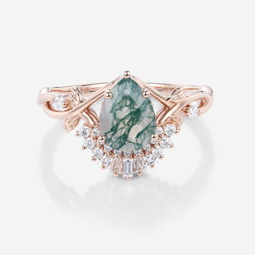 Nature Inspired Pear cut Moss Agate Leaf Gold Engagement Ring