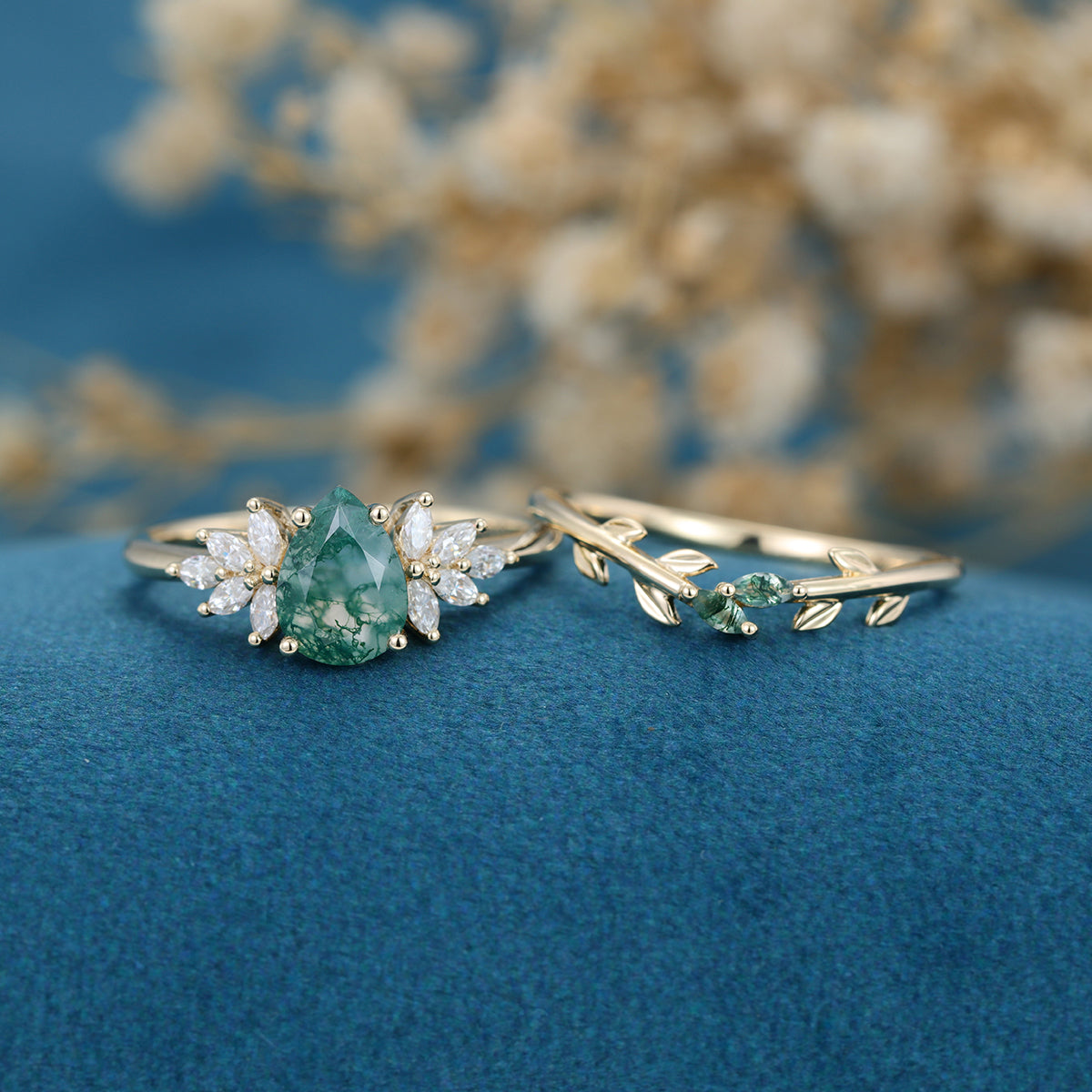 Nature Inspired Pear cut Moss Agate Leaf Gold Wedding bridal set