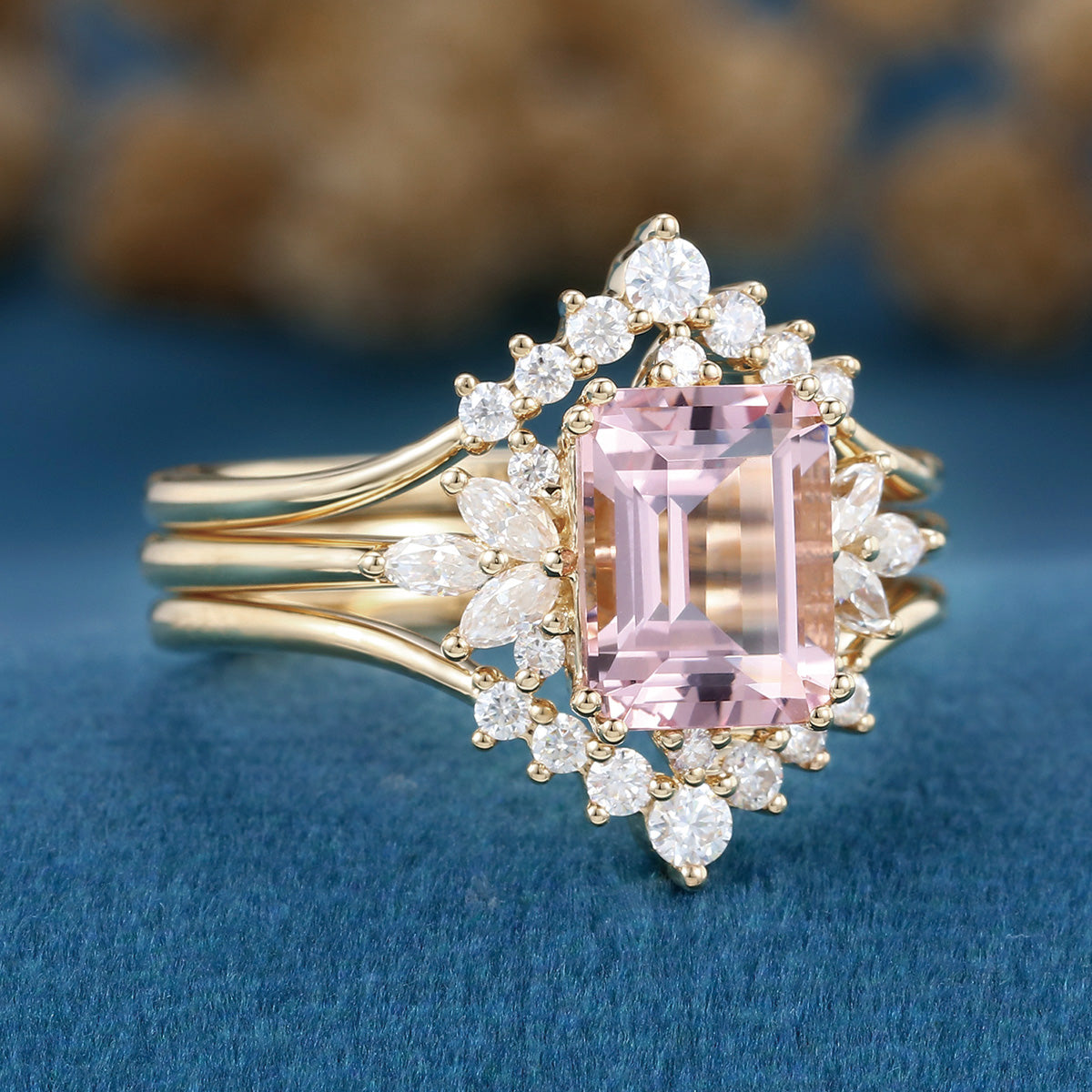Emerald cut Morganite Cluster Engagement Bridal Set