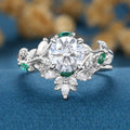 Pear Moissanite Engagement ring + Pink Sapphire | Lab Emerald Curved Wedding bridal set