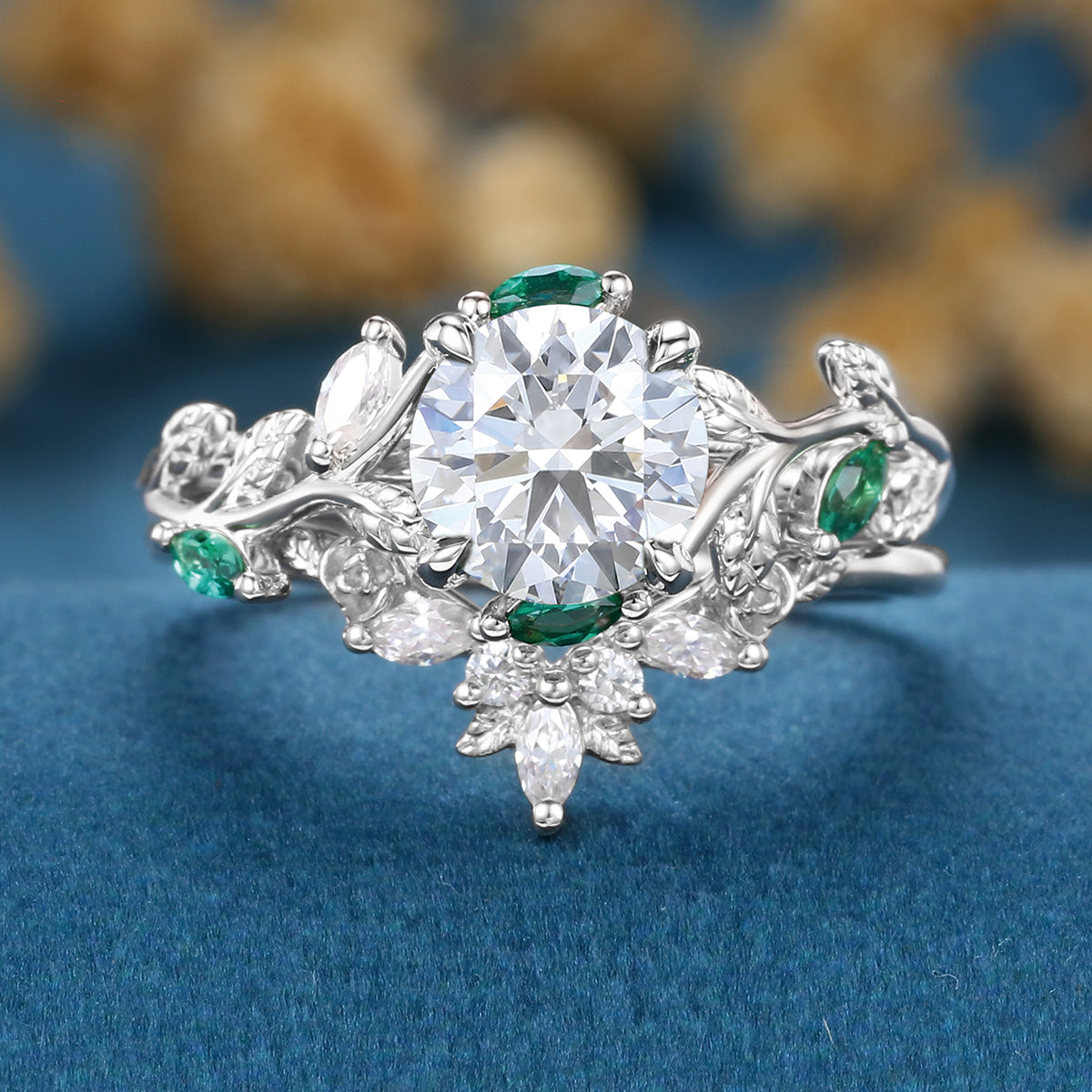 Pear Moissanite Engagement ring + Pink Sapphire | Lab Emerald Curved Wedding bridal set