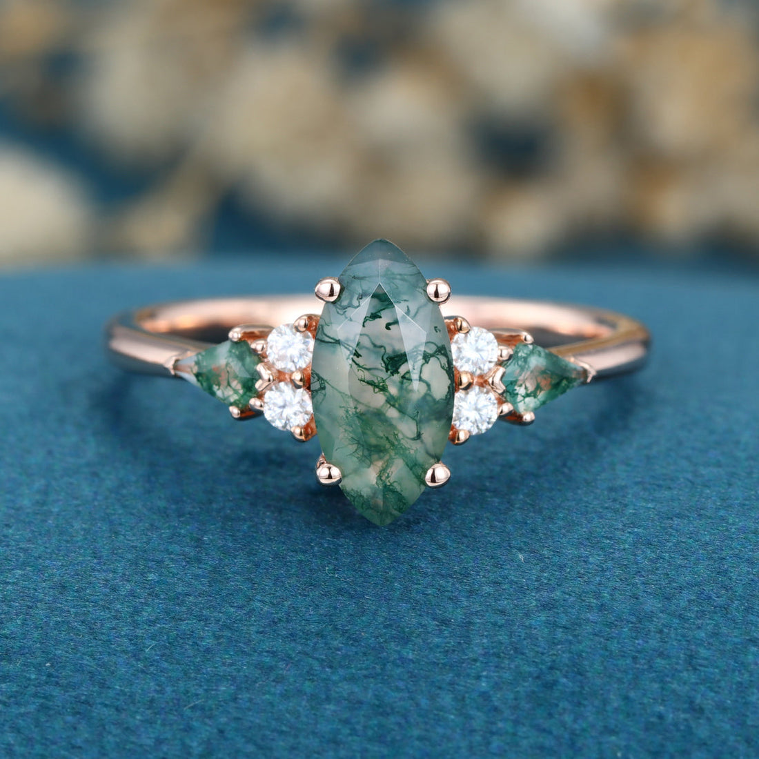 Marquise cut Moss Agate Solid Gold Engagement Ring