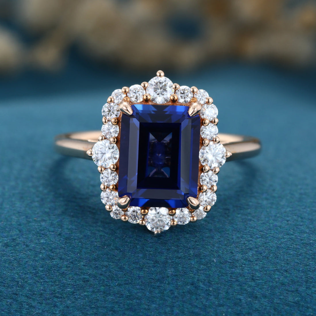 Emerald cut Lab Blue Sapphire Solid Gold Engagement Ring
