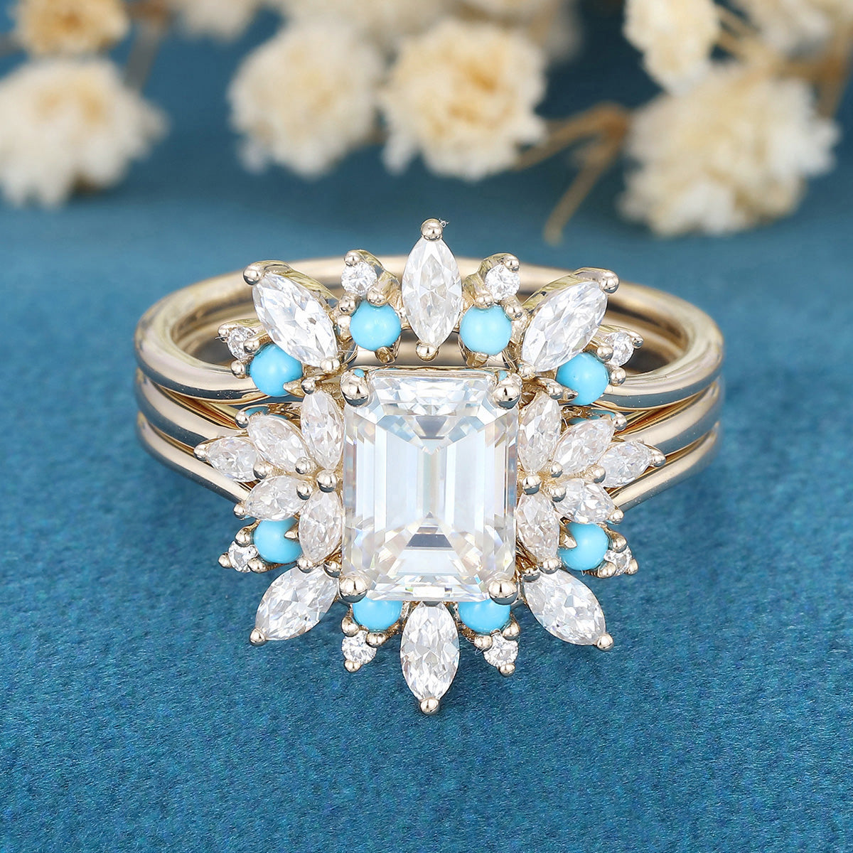 1.7Carat Emerald Moissanite Cluster Engagement ring Bridal Set
