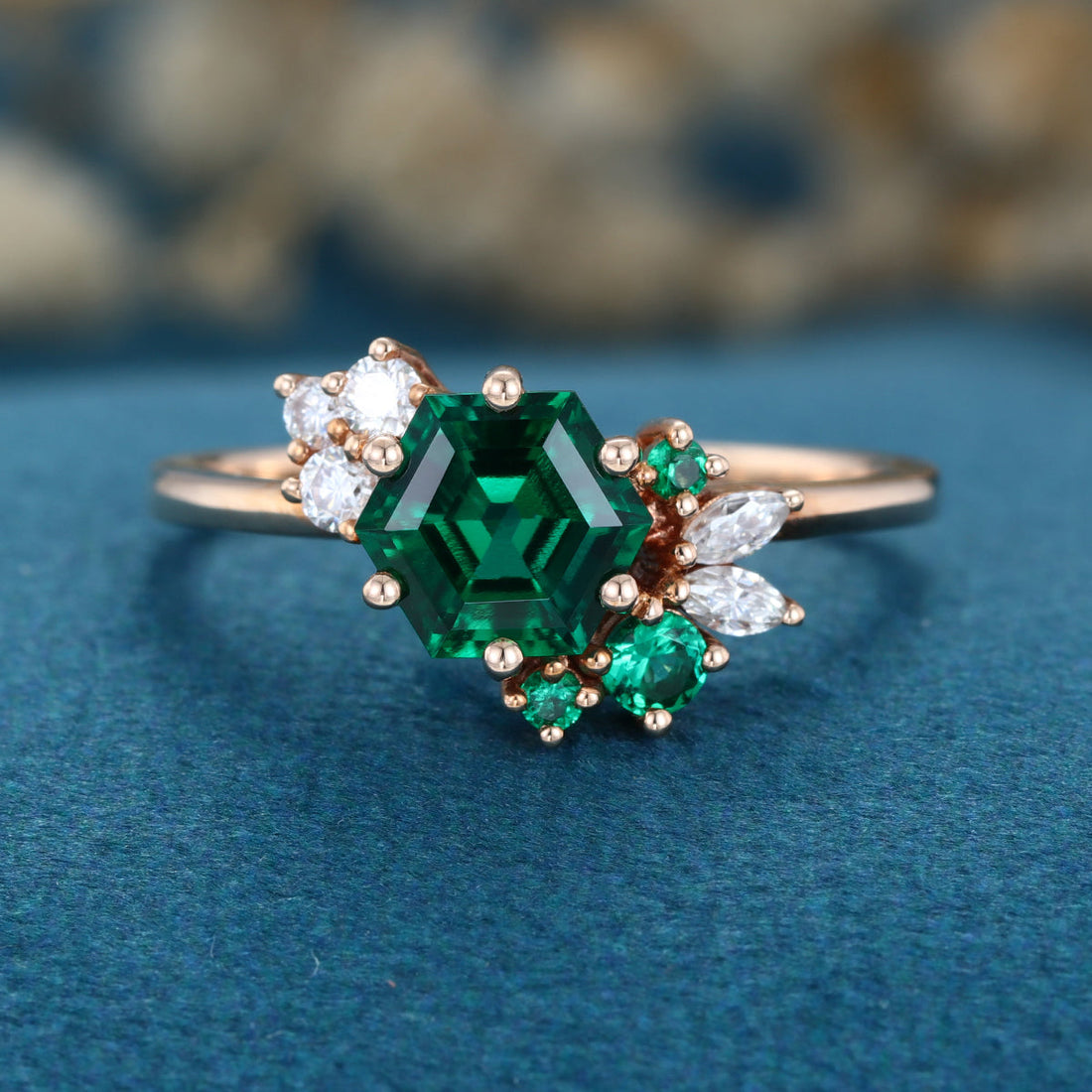 Hexagon cut Lab grown Emerald Solid Gold Engagement Ring