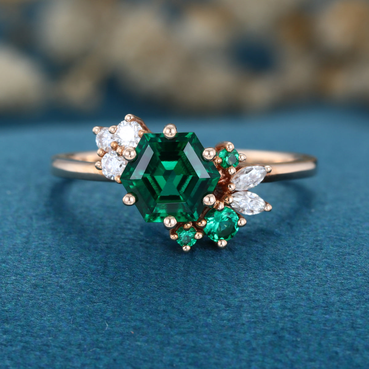 Hexagon cut Lab grown Emerald Solid Gold Engagement Ring