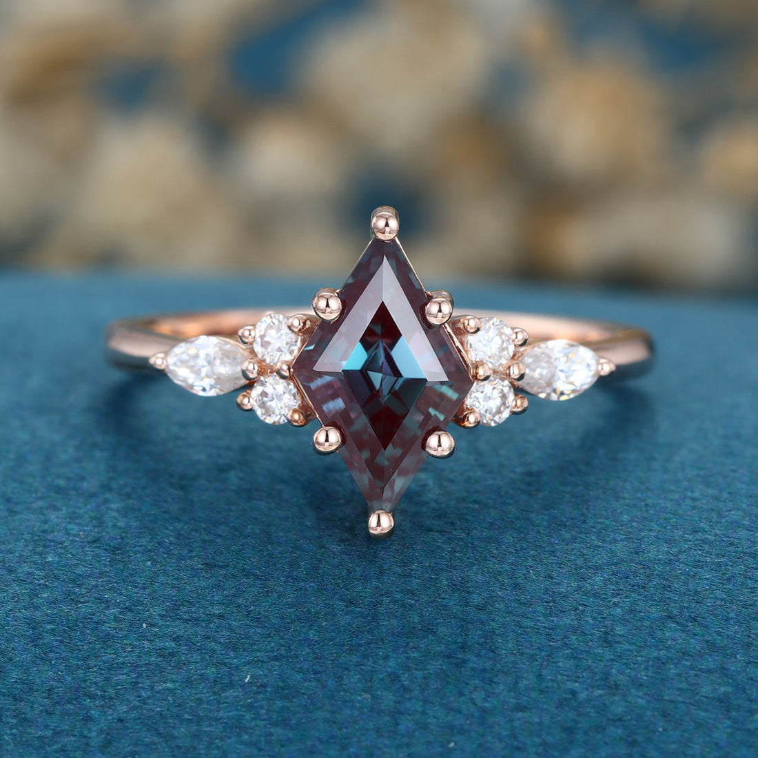 Lozenge cut Lab Alexandrite Solid Gold Engagement Ring