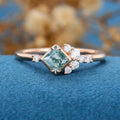 Princess Square  Cut Natural Green Moss Agate Cluster Engagement Ring
