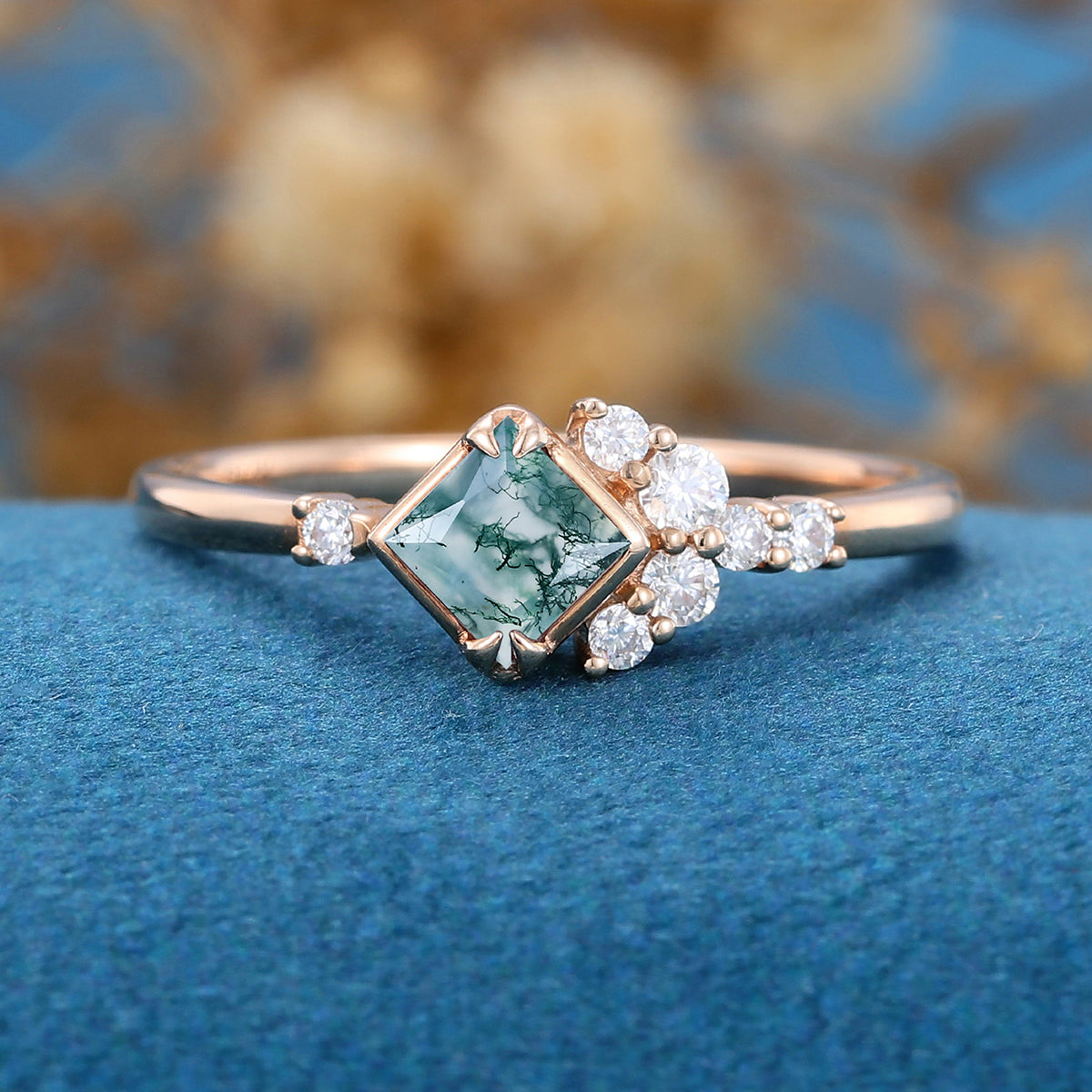 Princess Square  Cut Natural Green Moss Agate Cluster Engagement Ring