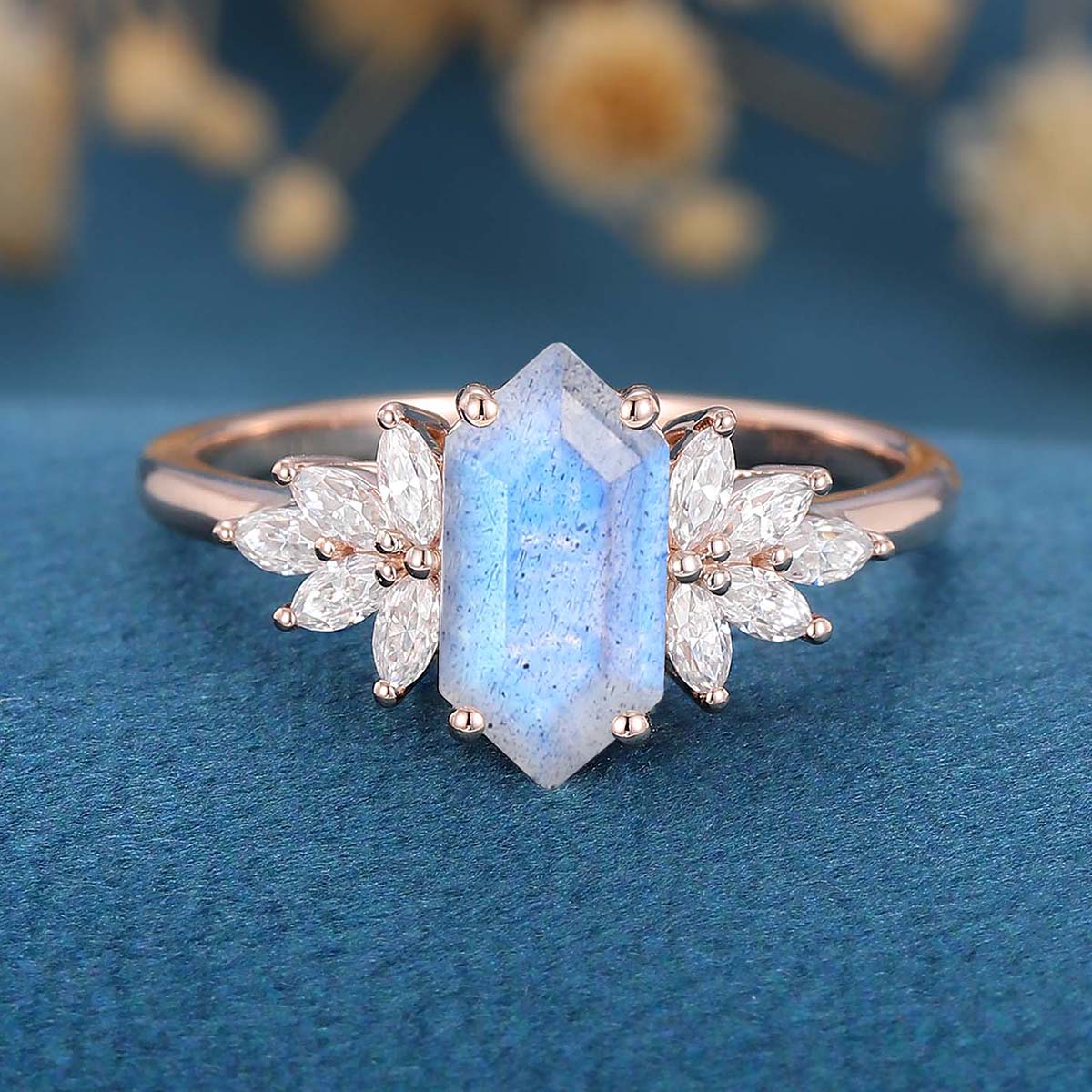 Long Hexagon Cut Labradorite Cluster Engagement Ring