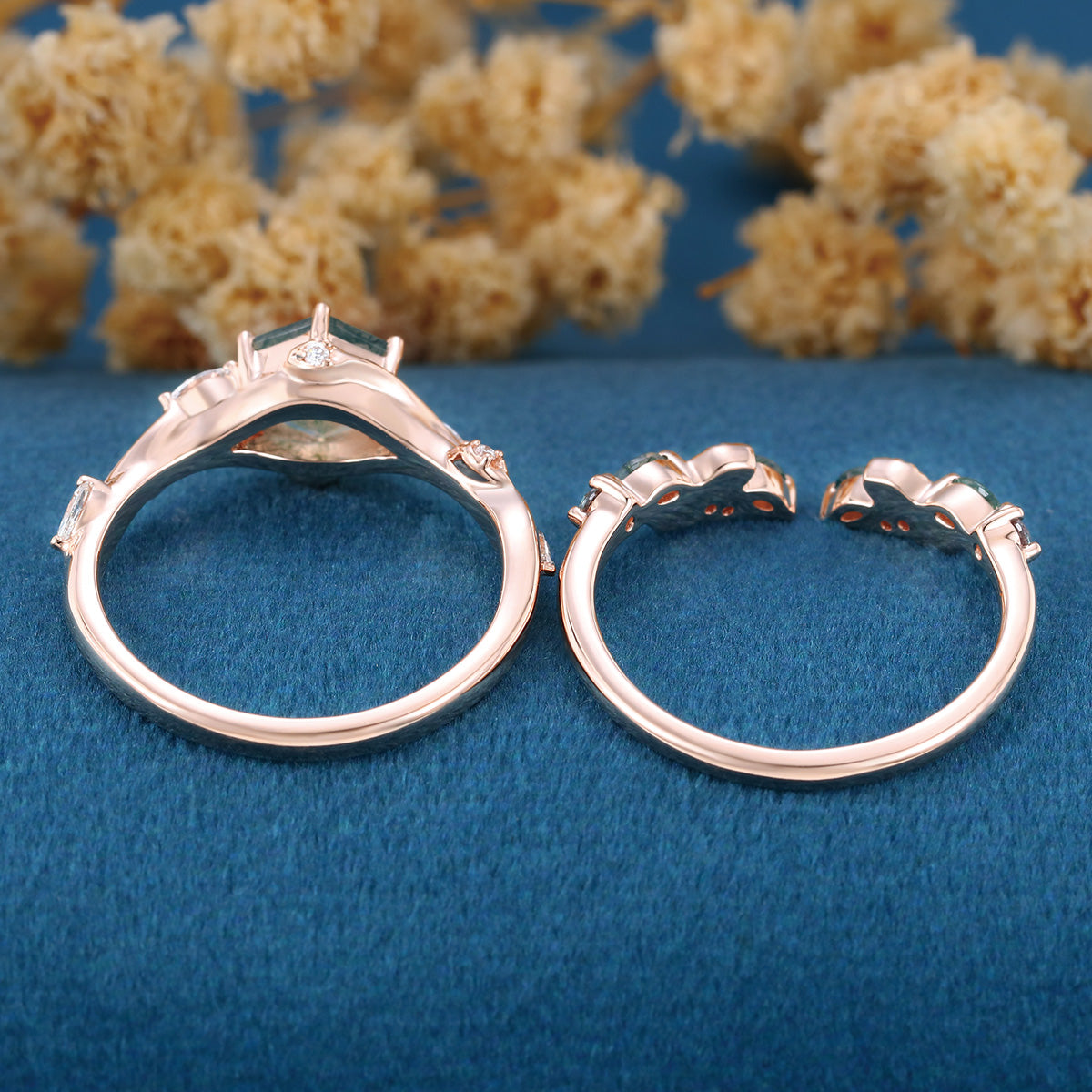 Nature Inspired Hexagon Cut Moss Agate Engagement Ring set