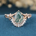 Nature Inspired Pear cut Moss Agate Leaf Gold Engagement Ring