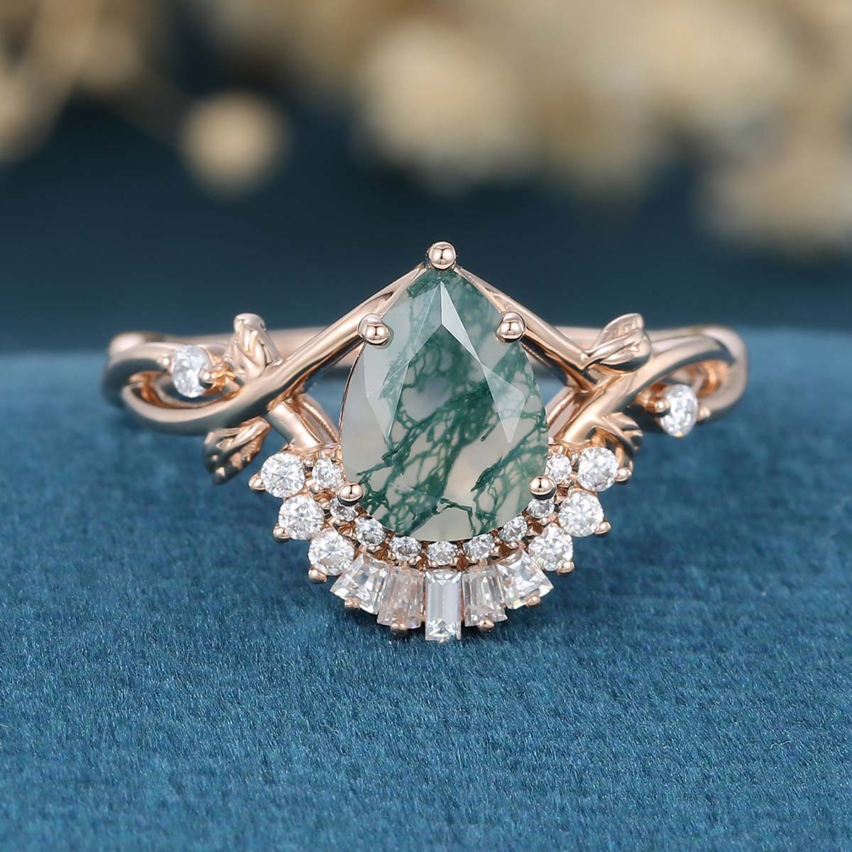 Nature Inspired Pear cut Moss Agate Leaf Gold Engagement Ring
