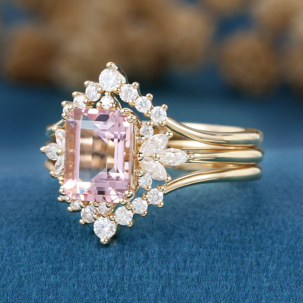Emerald cut Morganite Cluster Engagement Bridal Set