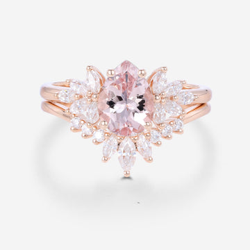 Pear cut Morganite Cluster Engagement ring Bridal Set