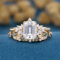 Emerald cut Moissanite Engagement ring +Moss agate Wedding Bridal set