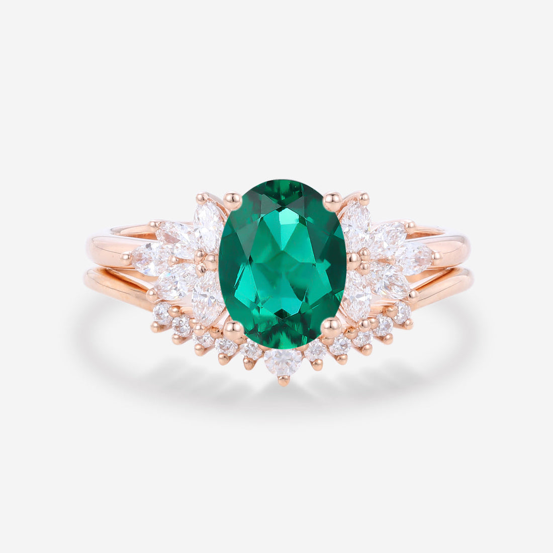 Oval cut Lab Emerald Cluster Bridal Set