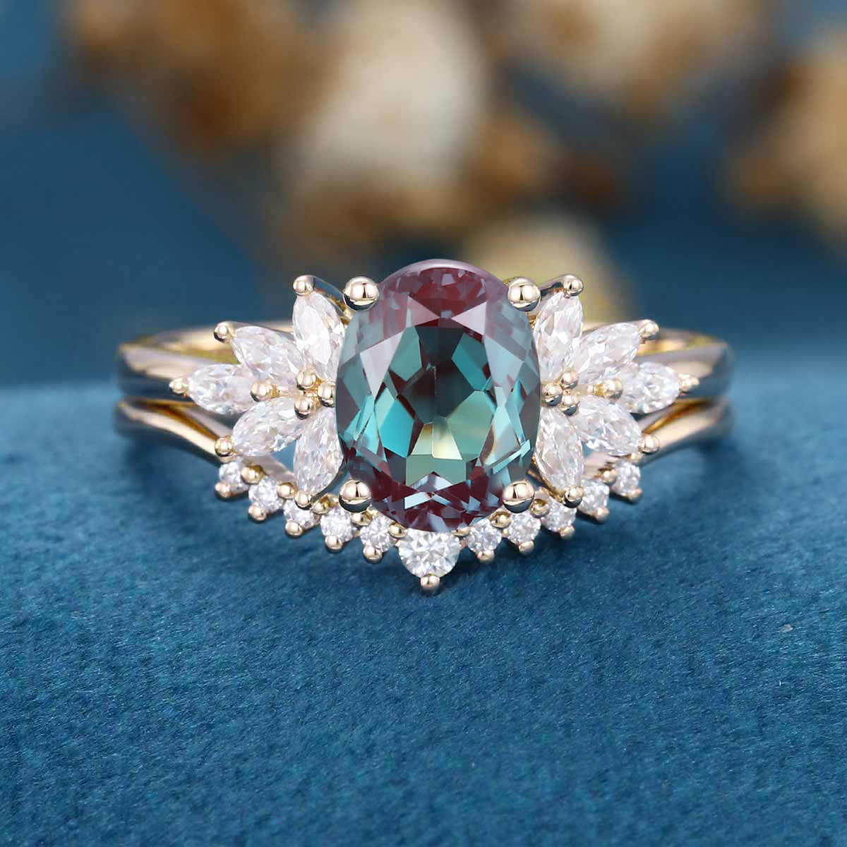 2PCS Oval cut Alexandrite Engagement ring Bridal Set