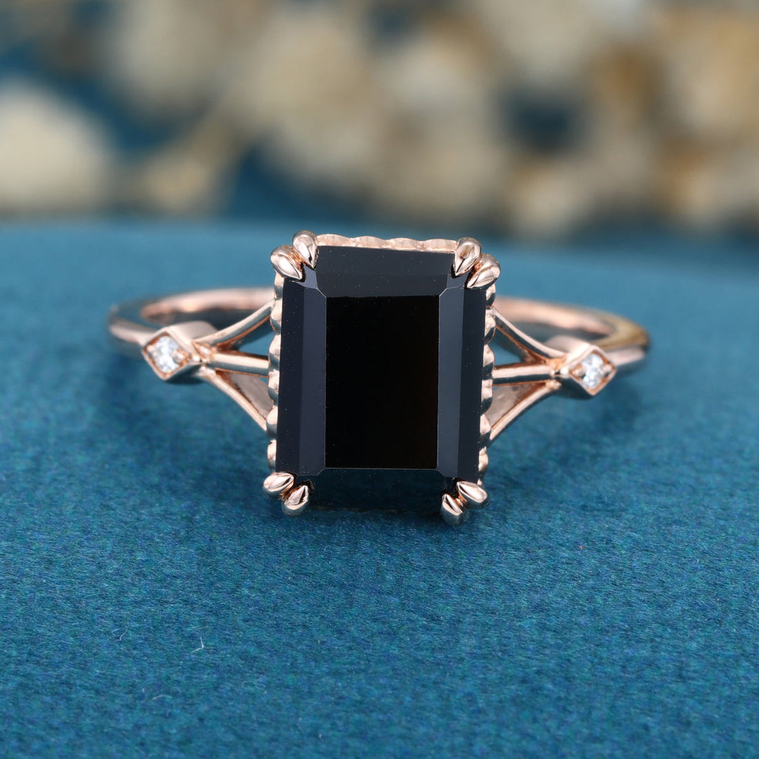 Emerald cut Black Onyx Solid Gold Engagement Ring