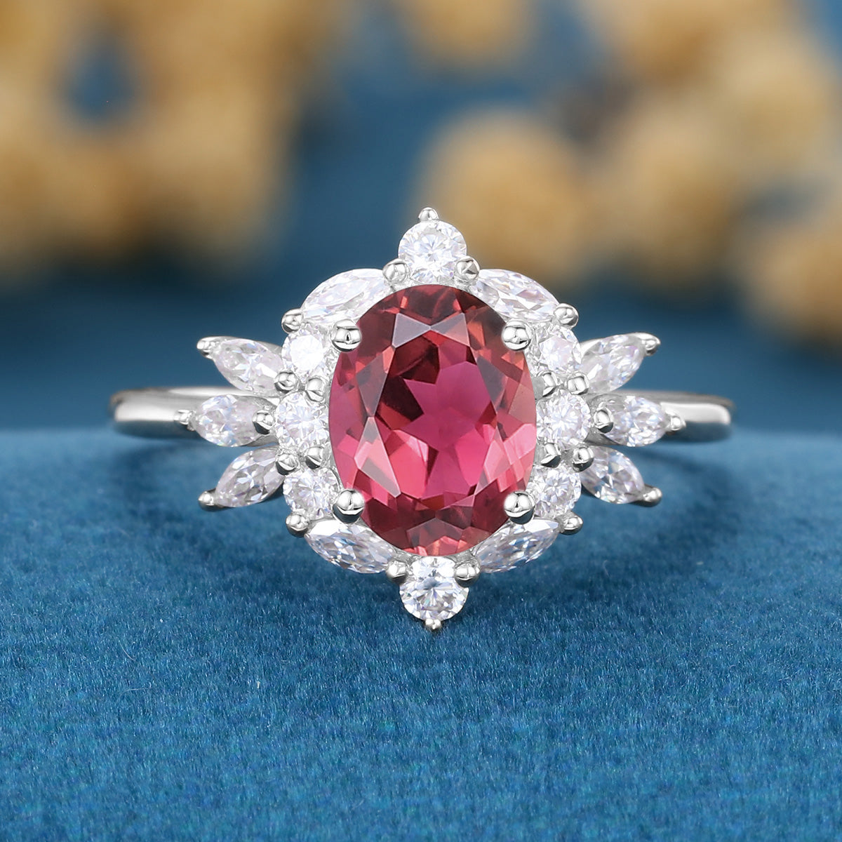Oval cut Tourmaline Cluster Engagement ring