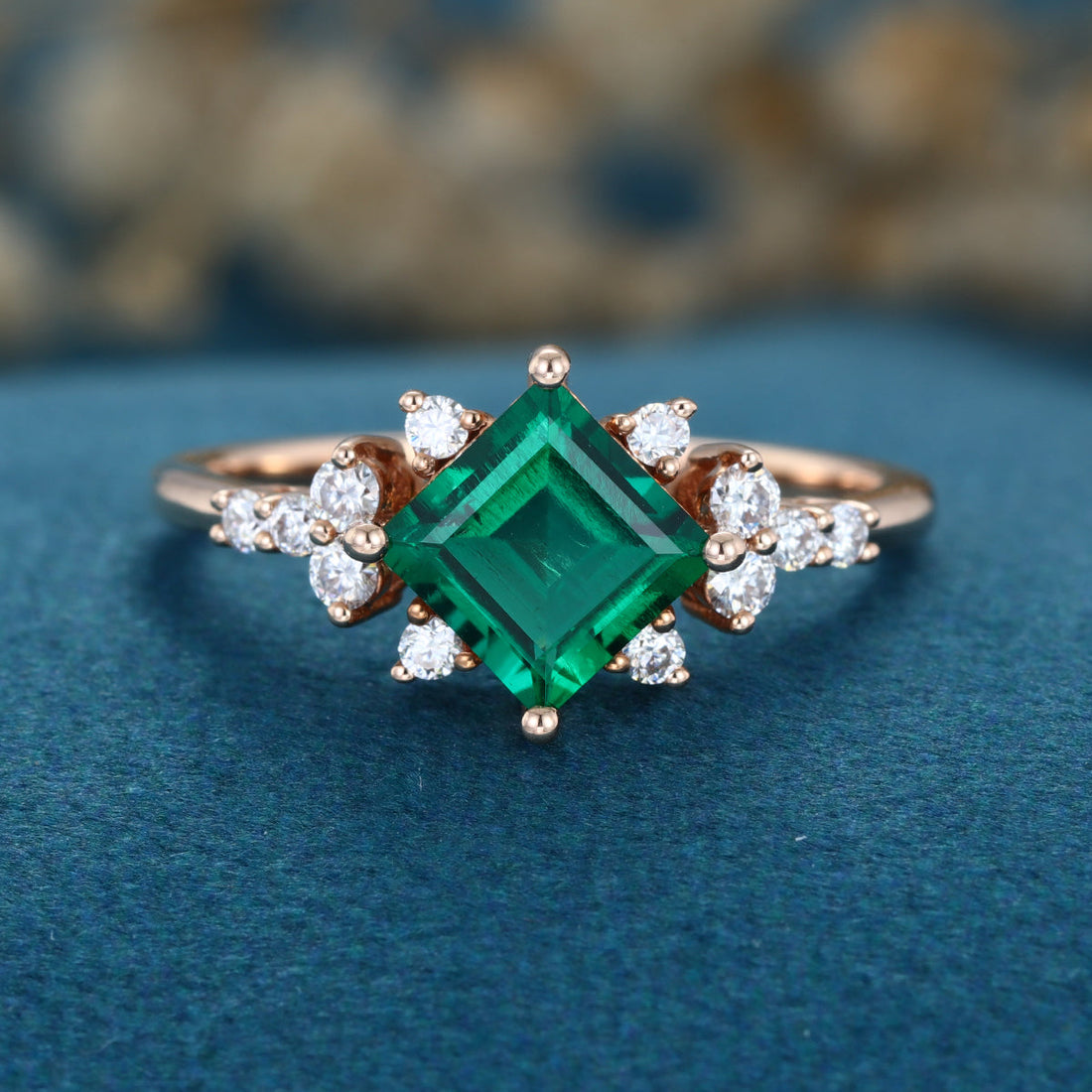 Princess cut Lab grown Emerald Solid Gold Engagement Ring