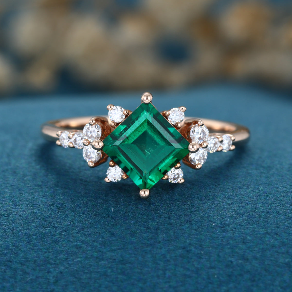 Princess cut Lab grown Emerald Solid Gold Engagement Ring
