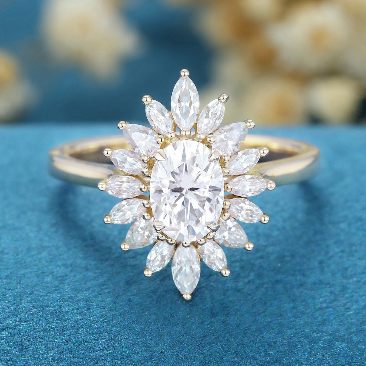 1 Carat Oval cut Moissanite Halo Cluster Engagement Ring