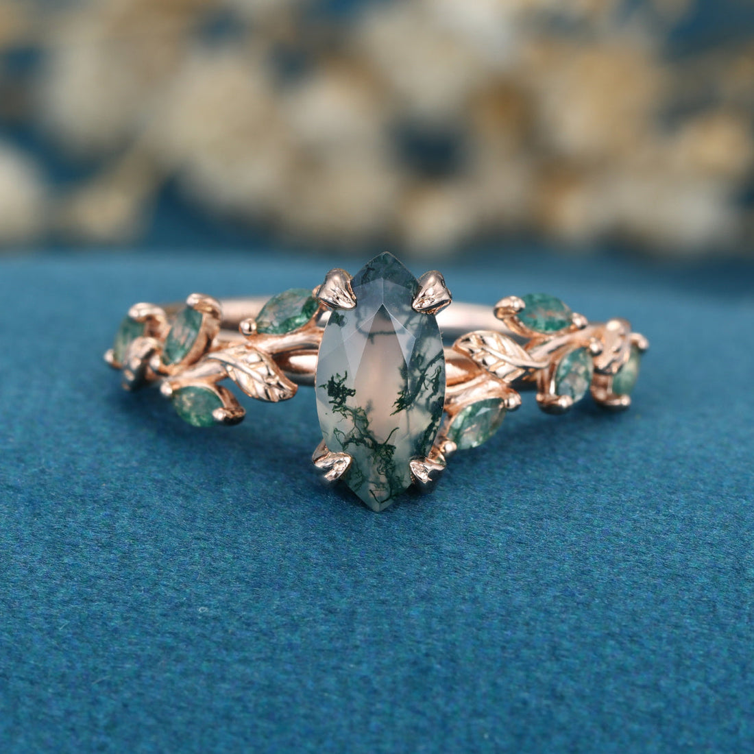 Nature Inspired Marquise cut Moss Agate Solid Gold Engagement Ring