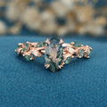 Nature Inspired Marquise cut Moss Agate Solid Gold Engagement Ring