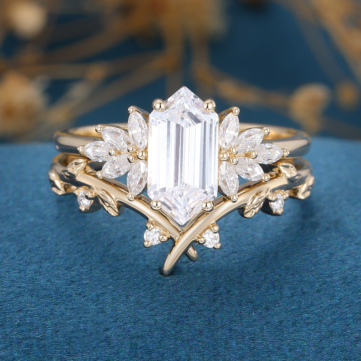 Long Hexagon cut Lab-Grown Diamond Wedding Bridal Set