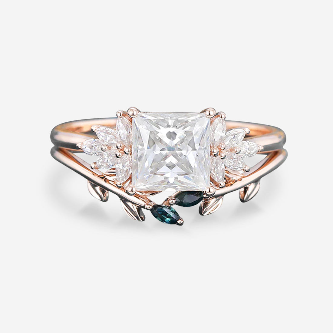 2 Carat Princess cut Moissanite cluster Engagement Ring Bridal Set