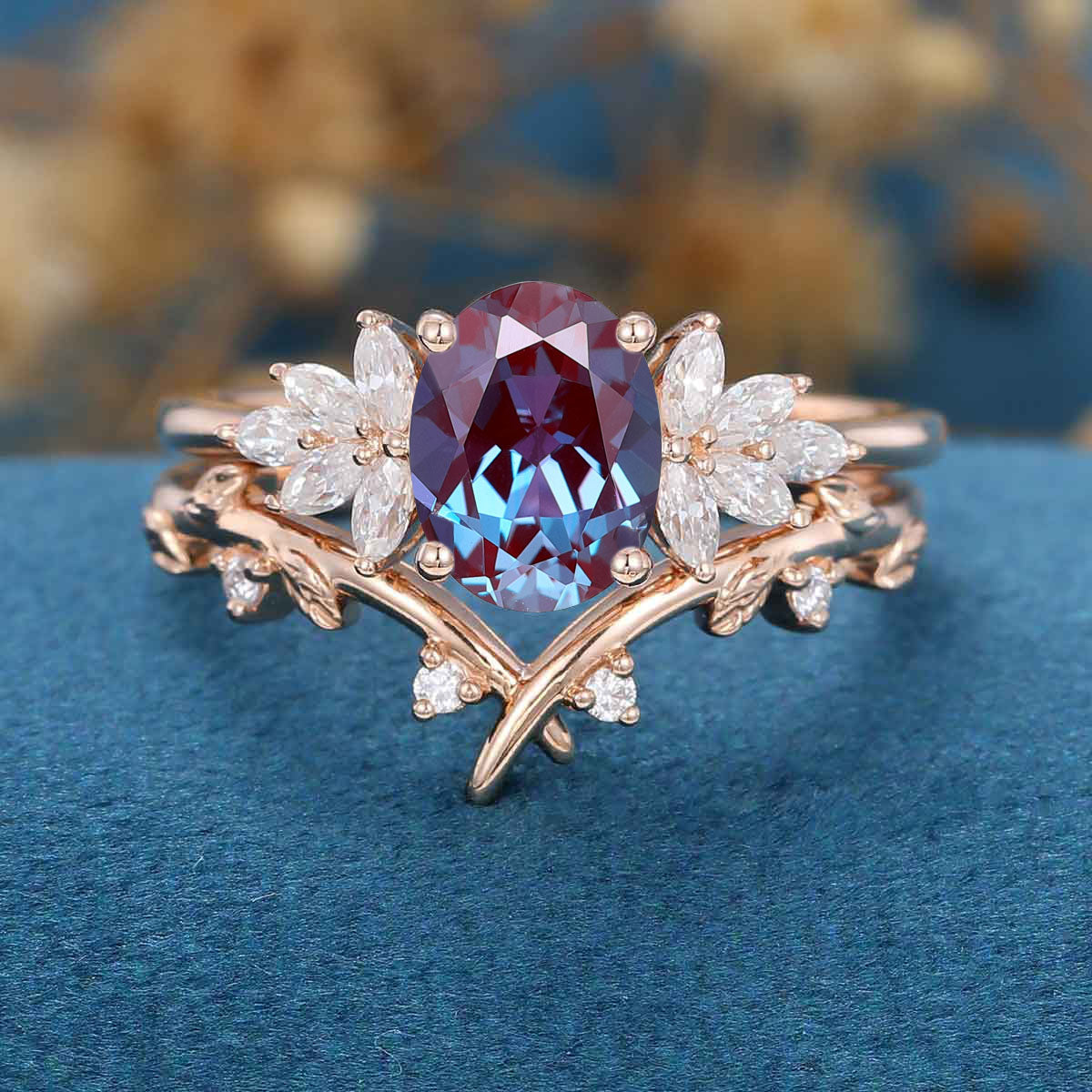 Oval cut Alexandrite Cluster Engagement Ring Bridal Set