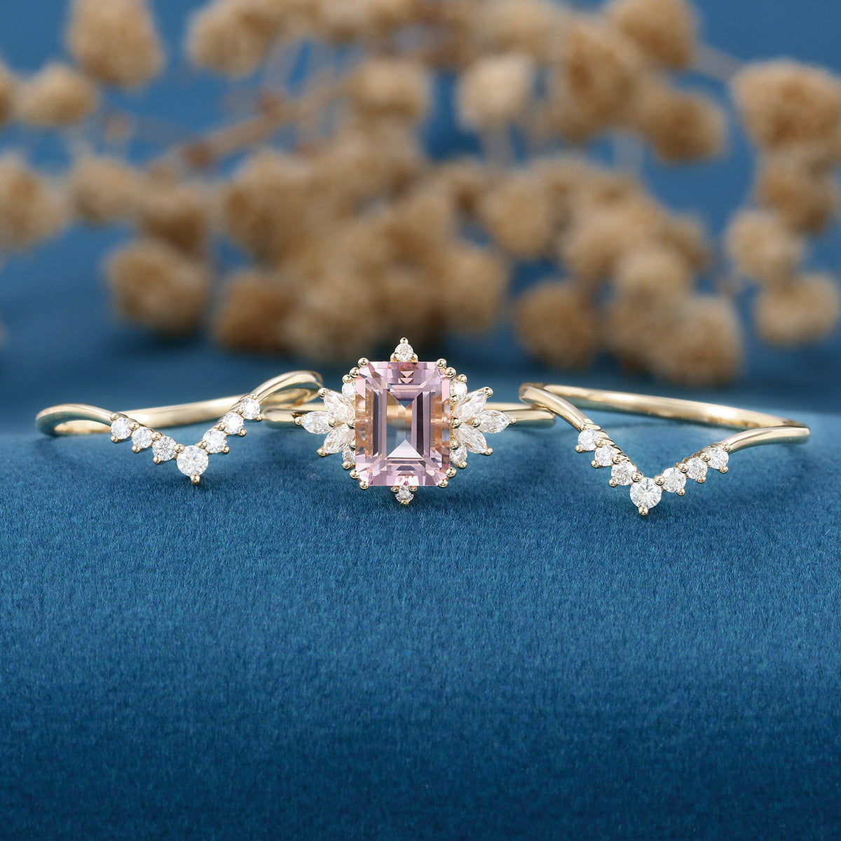 Emerald cut Morganite Cluster Engagement Bridal Set