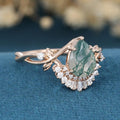 Nature Inspired Pear cut Moss Agate Leaf Gold Engagement Ring