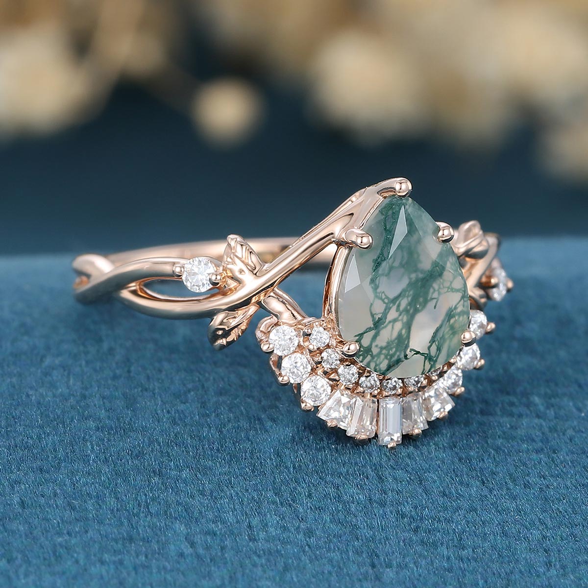 Nature Inspired Pear cut Moss Agate Leaf Gold Engagement Ring