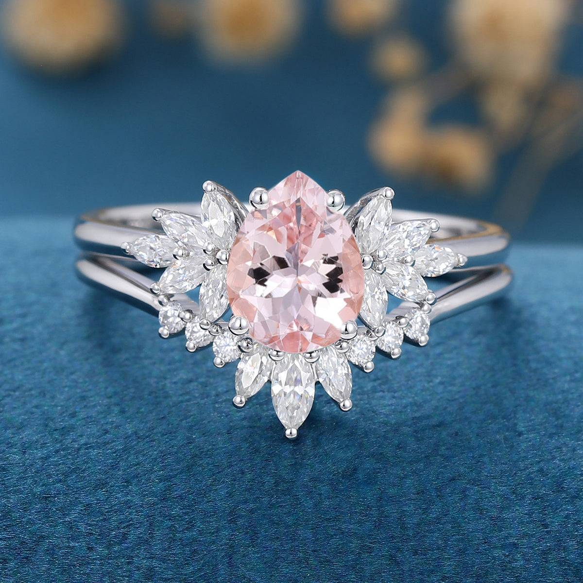 Pear cut Morganite Cluster Engagement ring Bridal Set