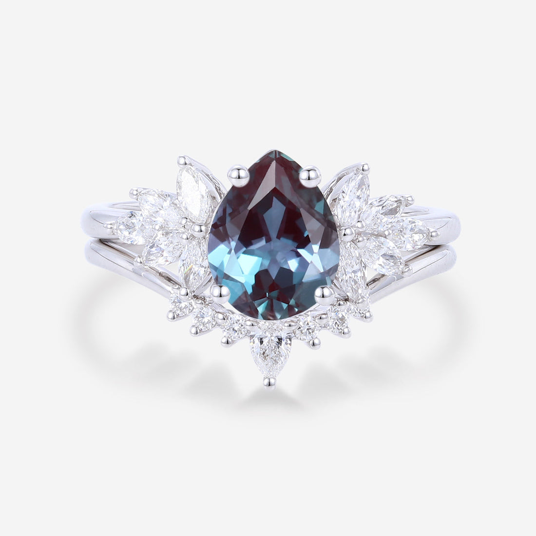 Pear cut Lab Alexandrite | Diamond Engagement Ring Bridal Set