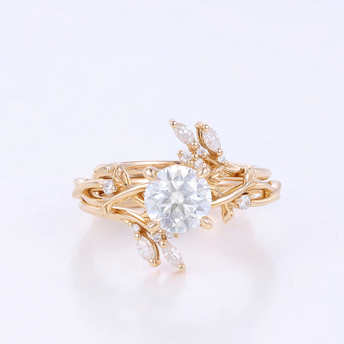 Copy of Nature Inspired Round cut Moss Agate Leaf Gold ring set
