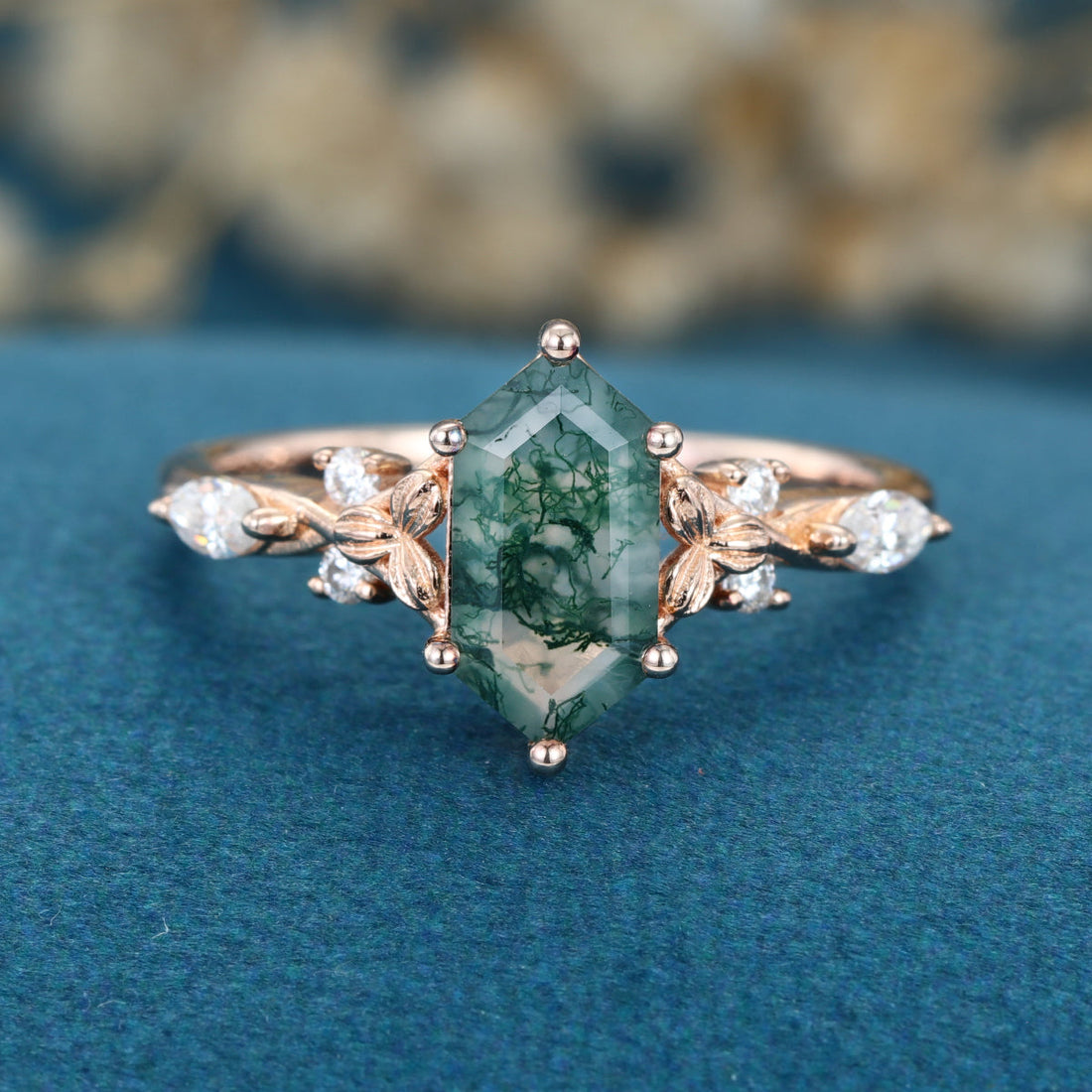 Long Hexagon cut Moss Agate Solid Gold Engagement Ring