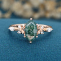 Long Hexagon cut Moss Agate Solid Gold Engagement Ring