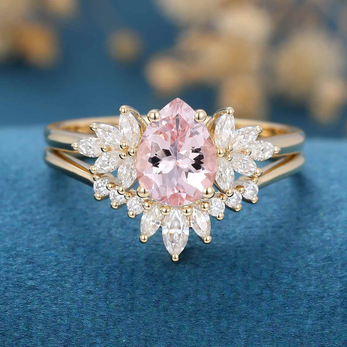 Pear cut Morganite Cluster Engagement ring Bridal Set